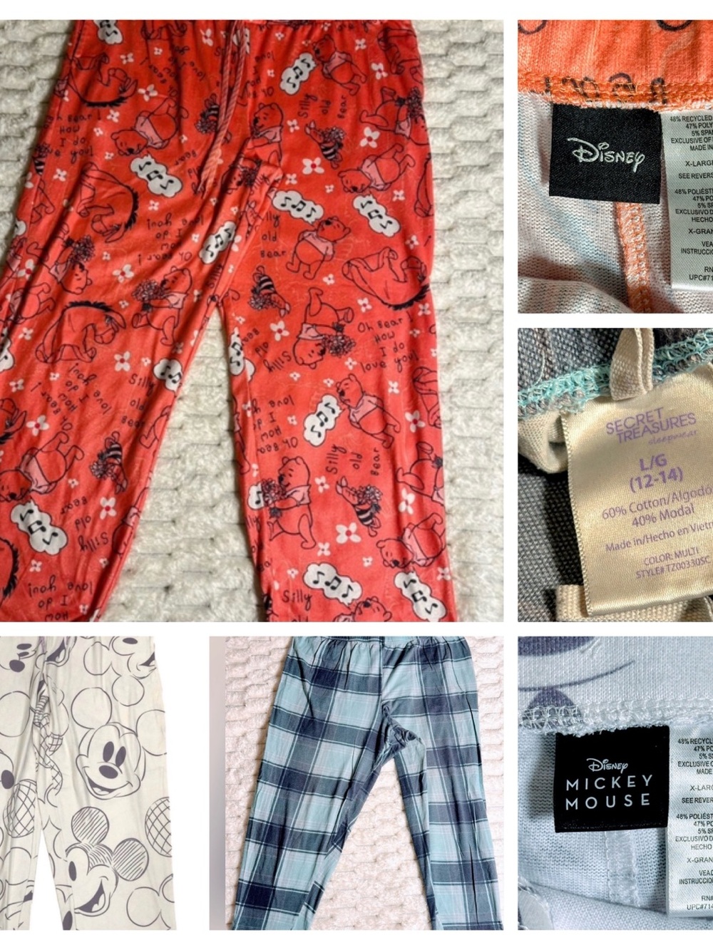 Bundle Coral Winnie the Pooh,White/Black Mickey Mouse, Plaid Pajama Bottoms